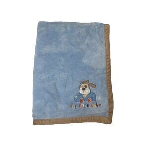 Small Wonders Dog Gone Cute Baby Blanket Blue With Brown Trim Soft! Hard To Find